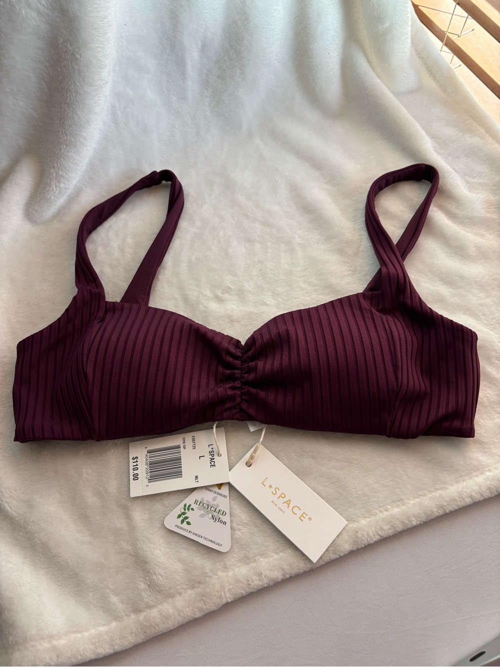 L*Space Effie Bikini Top Baltic Ribbed Shirred Cutout Swimwear Burgundy Size L